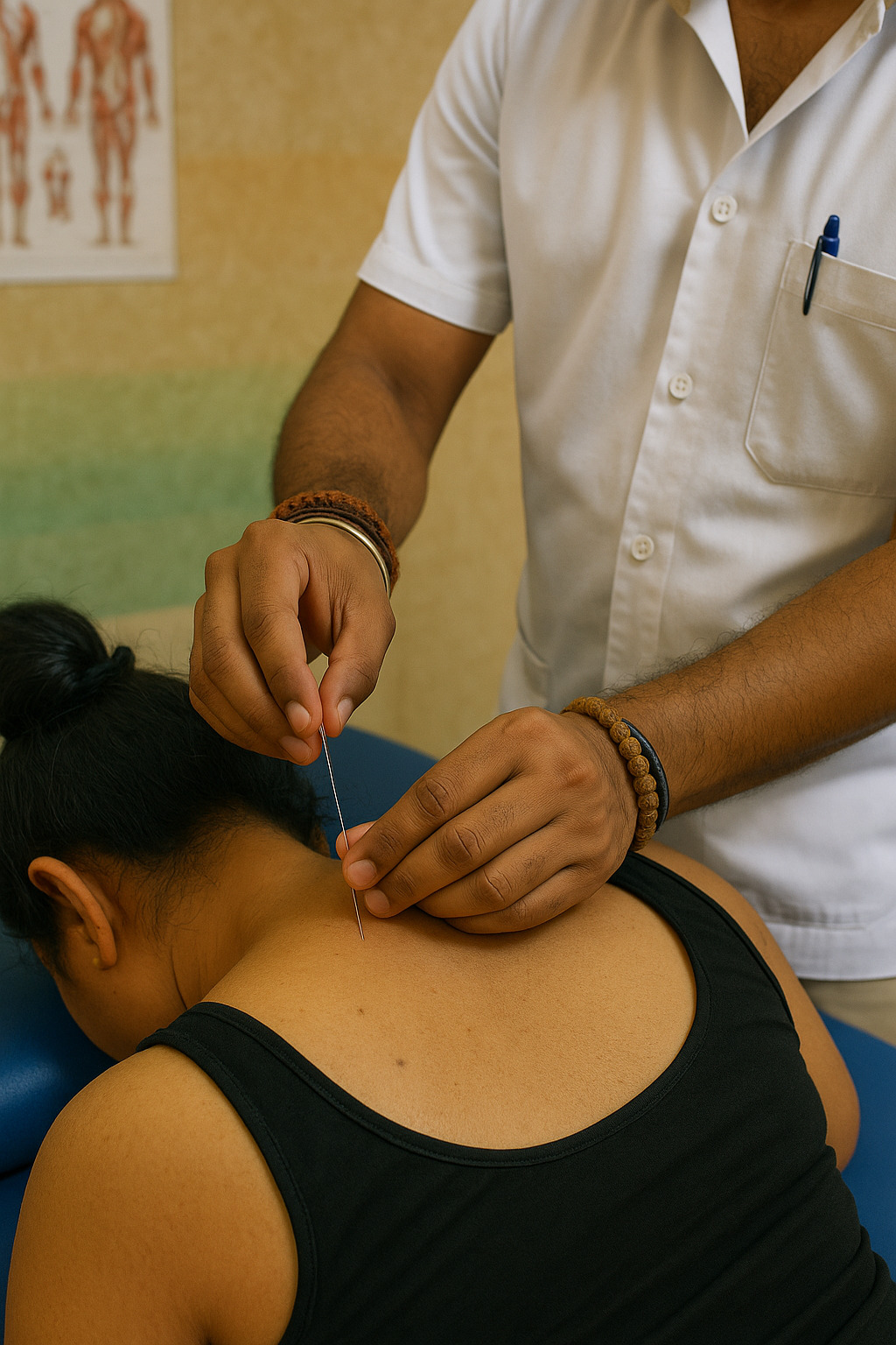 Close-up of dry needling treatment
