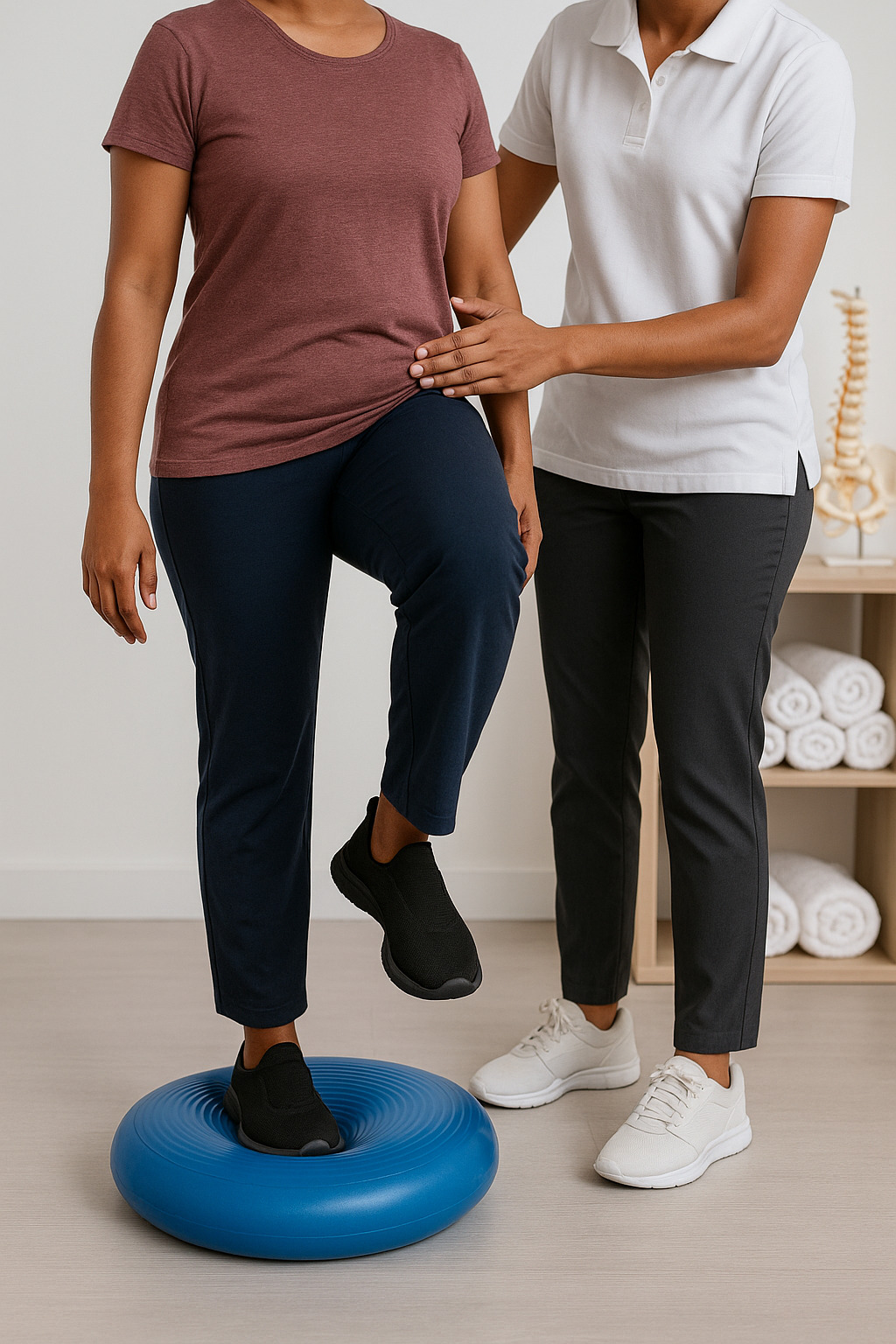 Client performing balance training on a stability pad