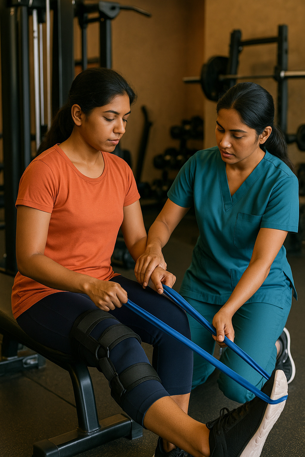 Trainer helping client recover from a gym injury