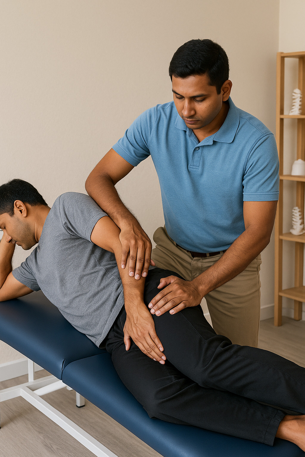 Therapist stretching a client's lower body
