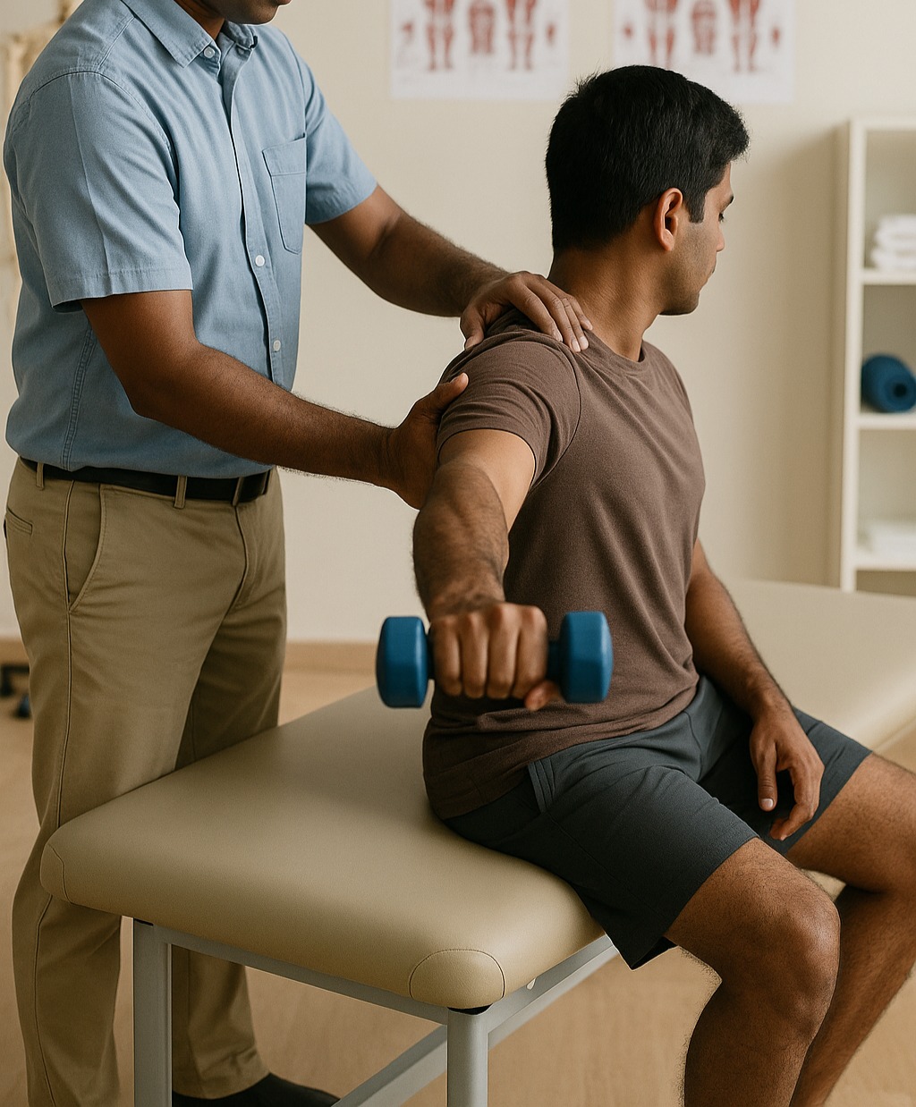 Physiotherapist guiding a shoulder stretch
