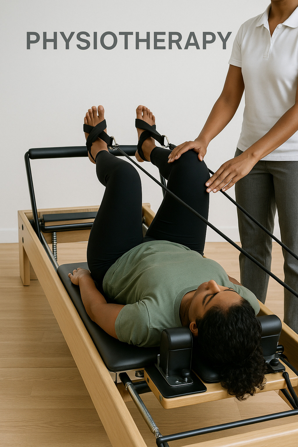 Person training on a Pilates reformer carriage